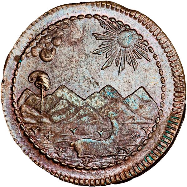 PERU, Lima, copper provisional ¼ peso, 1823 V, PCGS MS62 Brown.