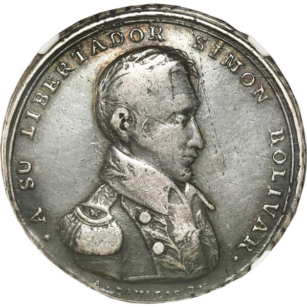 PERU, 4 reales-sized proclamation medal, 1824-dated, Bolívar / Ayacucho, by Atanasio Dávalos, NGC VF