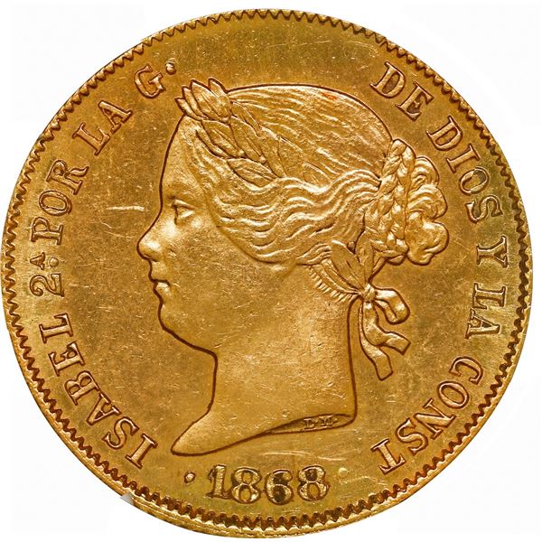 PHILIPPINES (under Spain), Manila, gold 4 pesos, Isabel II, 1868, NGC UNC details / obv cleaned.