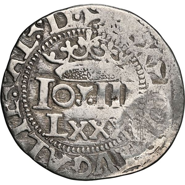 PORTUGAL, João IV, 100 reis countermark (Type I, 1642) on a Lisbon, Portugal, 80 reis, João III, NGC