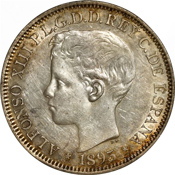 PUERTO RICO (under Spain), struck at the Madrid Mint, 1 peso, Alfonso XIII, 1895 PG-V, NGC AU 58.