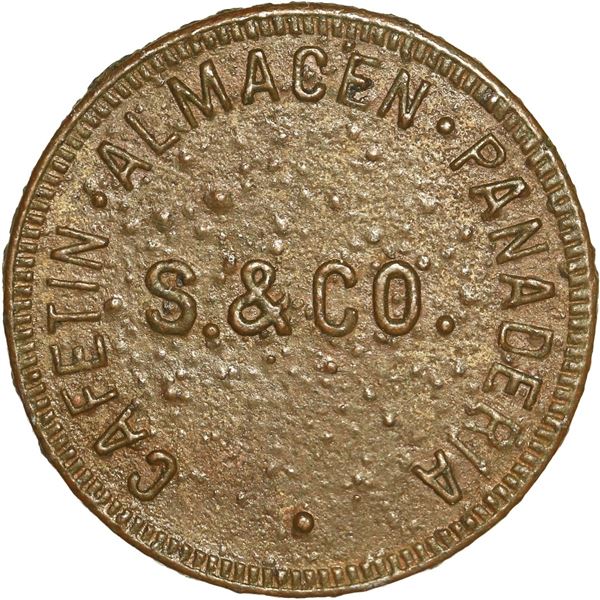 PUERTO RICO, Guayanilla(?), brass 10 centavos token, no date (early 1900s), Santoni y Compañía, extr