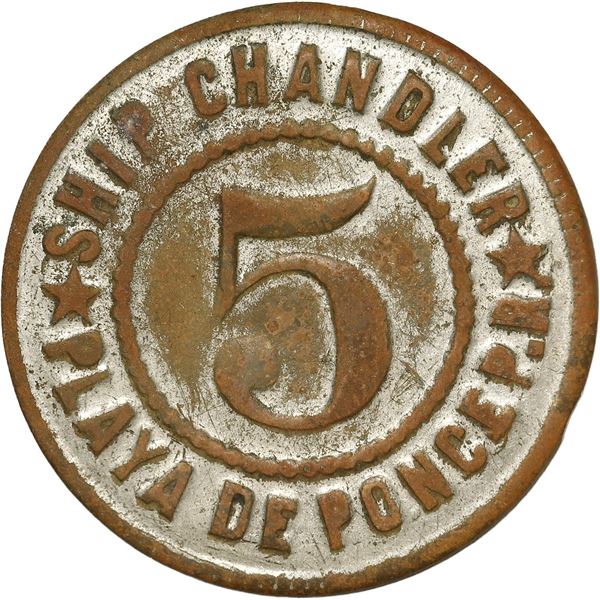 PUERTO RICO, Playa de Ponce, silvered brass "5" token, no date (early 1900s), Avelino González, Ship