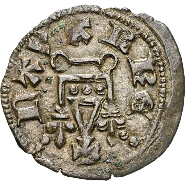 SPAIN, Navarre, billon 1 carlín prieto (dinero), Carlos II  (1349-1387), "the Bad," NGC AU 55, fines