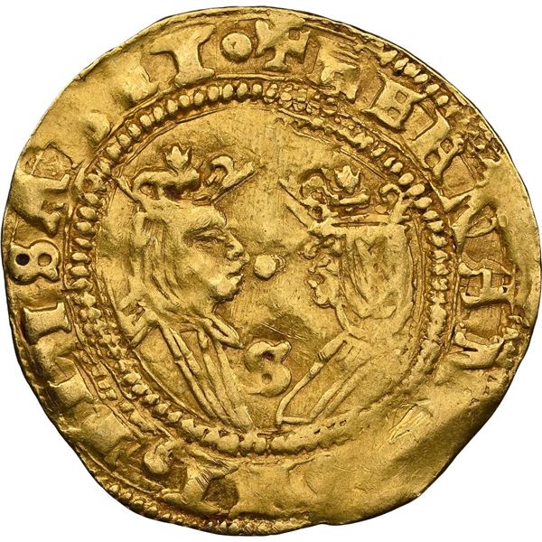 SPAIN, Seville, gold 1 excelente, Ferdinand-Isabel, dot between busts, mintmark S below, ermine to r