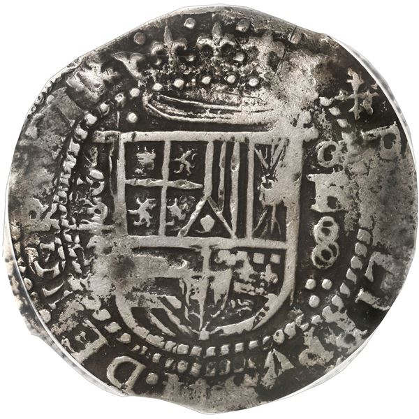 SPAIN, Valladolid, cob 8 reales, Philip II, 1590 oF/oA, very rare, PCGS VF25, finest and only exampl