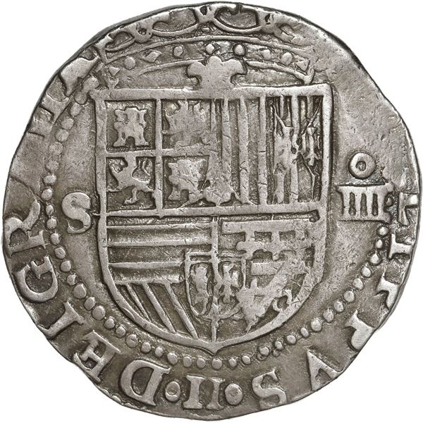 SPAIN, Seville, cob 4 reales, Philip II, assayer Gothic D at 4 o'clock outside tressure on reverse.