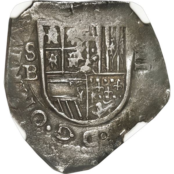 SPAIN, Seville, cob 2 reales, Philip III, 1600 B, OMNIVM / REGNORVM variety, rare, NGC AU 53, finest