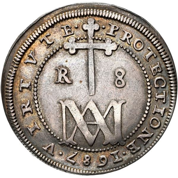 SPAIN, Segovia, milled 8 reales, Charles II, 1687 BR, "Maria" type, rare, NGC VF 35.
