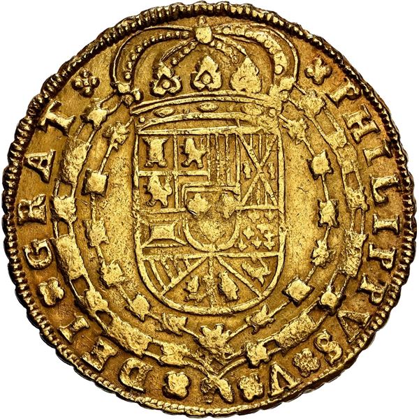 SPAIN, Seville, gold milled 8 escudos, Philip V, 1712 M, 8-S-8-M, rare, NGC XF 45.