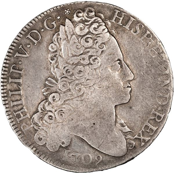 SPAIN, Madrid, bust 8 reales, Philip V, 1709 J, coin alignment, rare, PCGS VF30, finest and only exa