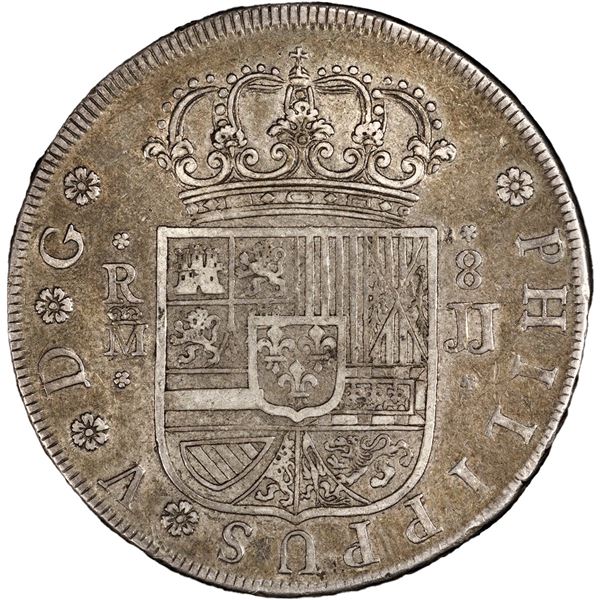 SPAIN, Madrid, milled 8 reales, Philip V, 1729 JJ, straight 9 in date, rare, PCGS XF45, finest and o