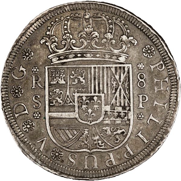 SPAIN, Seville, milled 8 reales, Philip V, 1728 P, PCGS AU50.