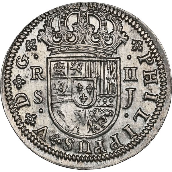 SPAIN, Seville, milled 2 reales, Philip V, 1722 J, NGC UNC details / cleaned.