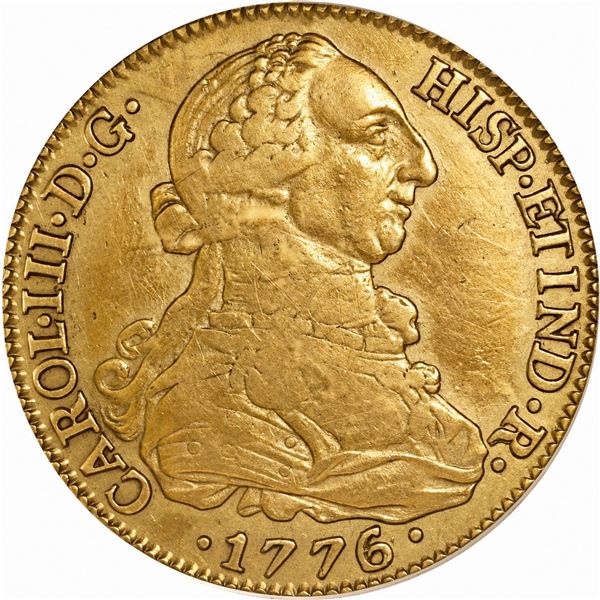 SPAIN, Seville, gold bust 8 escudos, Charles III, 1776 CF, PCGS VF35.