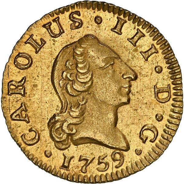 SPAIN, Madrid, gold bust ½ escudo, Charles III (young bust), 1759 JP, NGC MS 64, finest known in NGC