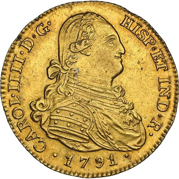 SPAIN, Madrid, gold bust 4 escudos, Charles IV, 1791 MF, NGC MS 63, "top pop."