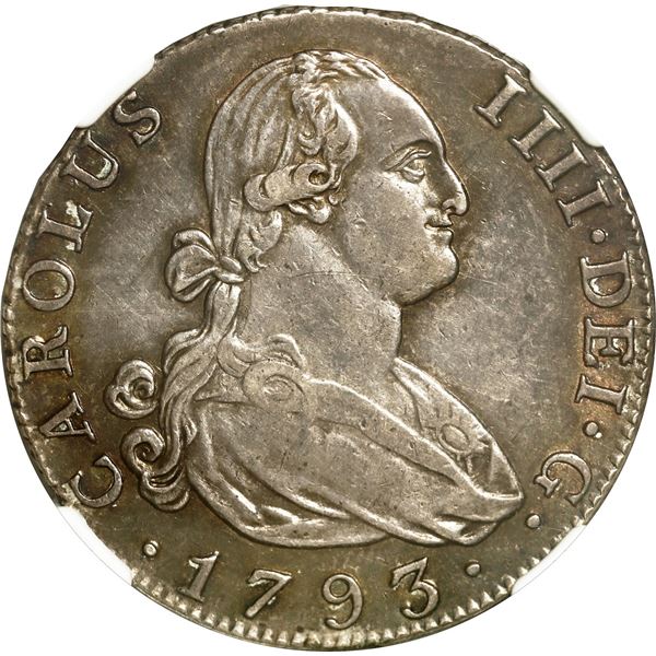 SPAIN, Madrid, bust 4 reales, Charles IV, 1793 MF, NGC AU 50.