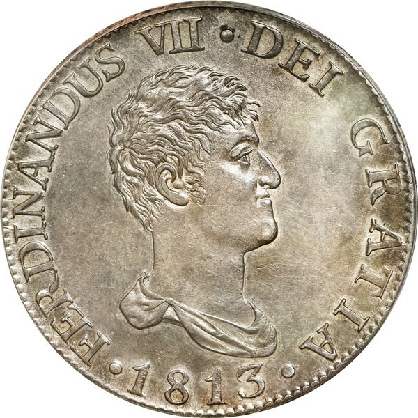 SPAIN, Madrid, bust 8 reales, Ferdinand VII, 1813/2 IG, PCGS AU55, finest and only example in PCGS c