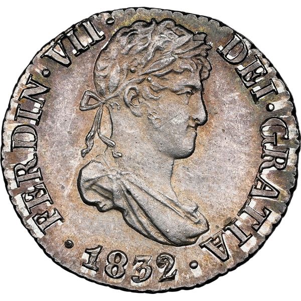 SPAIN, Seville, bust ½ real, Ferdinand VII, 1832 JB, NGC MS 65.