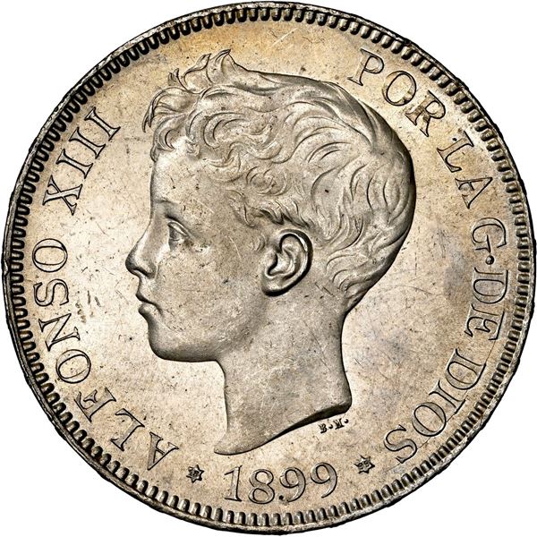 SPAIN, Madrid, 5 pesetas, Alfonso XIII, 1899 SG-V, 18-99 inside stars, NGC UNC details / cleaned.