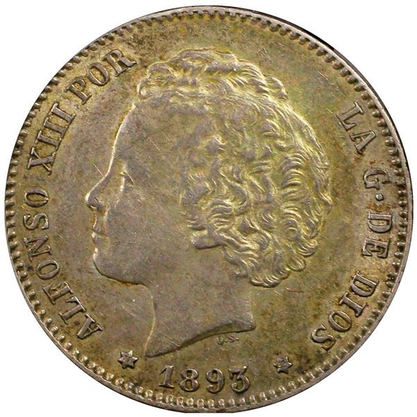 SPAIN, Madrid, 1 peseta, Alfonso XIII, 1893 PG-L, 18-93 inside stars, PCGS AU50.