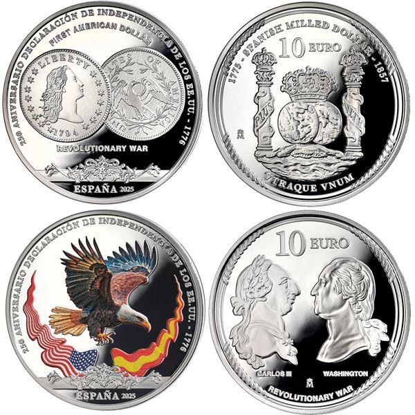 SPAIN, Madrid, set of two 2025-dated proof 10 euros, American Revolution - Eagle / Charles III & Was