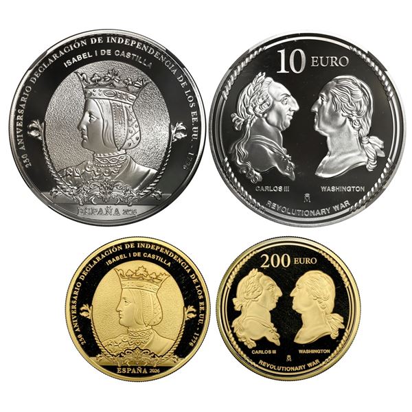 SPAIN, Madrid, set of 2026-dated proof coins: gold 200 euros and silver 10 euros, 250th Anniversary 