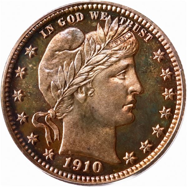 UNITED STATES, Philadelphia mint, proof Barber quarter, 1910, PCGS PR65 Cameo.