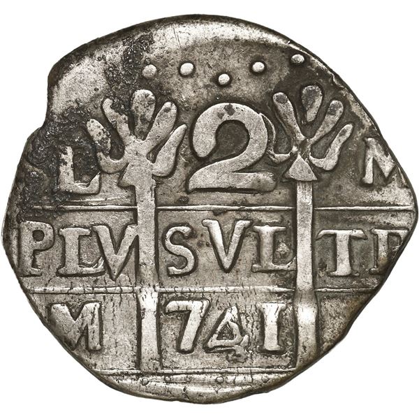 VENEZUELA, Caracas, "imitation cob" 2 reales, fantasy date "741" (ca. 1815), quadrants of cross tran