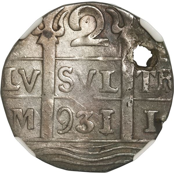 VENEZUELA, Caracas, "imitation cob" 2 reales, fantasy date "931" (ca. 1815), quadrants of cross tran
