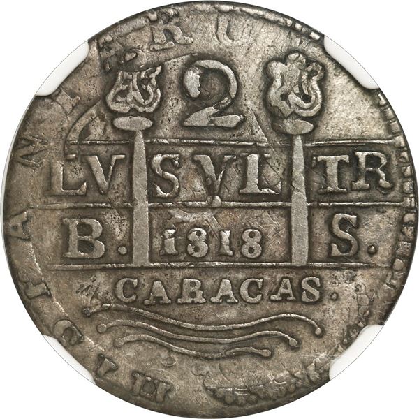 VENEZUELA, Caracas, 2 reales, 1818-dated (struck ca. 1830) BS, florets flanking cross with quadrants