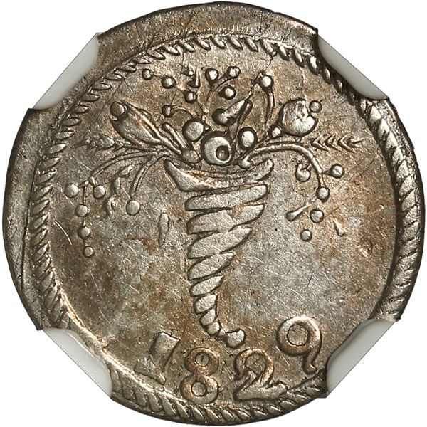 VENEZUELA, Caracas, ¼ real, 1829, variety with tip of cornucopia between 8 and 2, NGC AU 53.