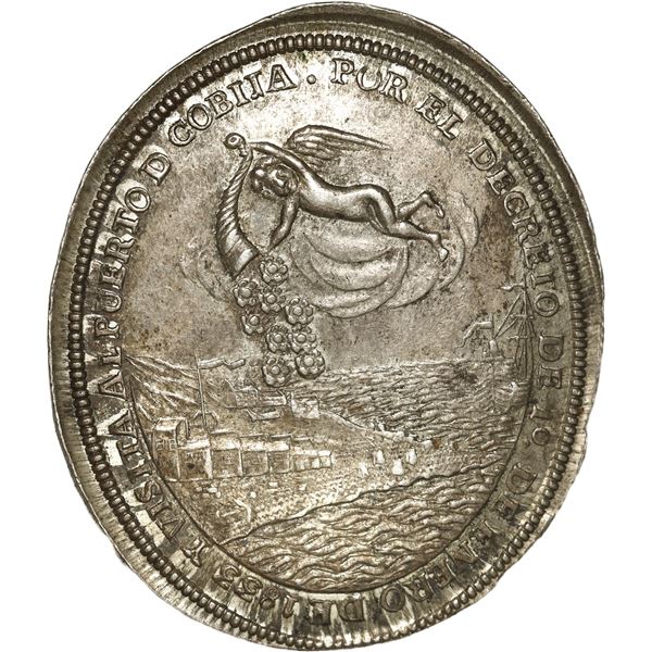 BOLIVIA, oval silver medal, 1833, visit to the port of Cobija.