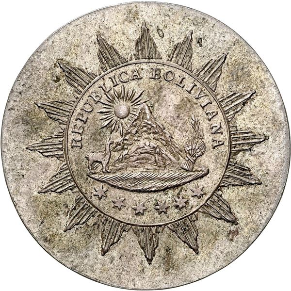 BOLIVIA, confederation with Peru, silver medal, 1835-dated, Victory at Yanacocha, NGC MS 61, finest 