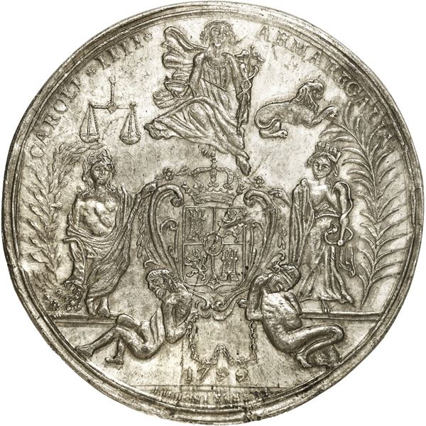 CHILE, Santiago, lead uniface reverse die trial for a silver medal, Charles IV, 1799, by Manuel Torr