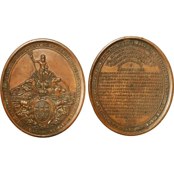 CUBA (under Spain), large bronze oval medal, 1858, Isabel II, inauguration of Havana Water Works, ex
