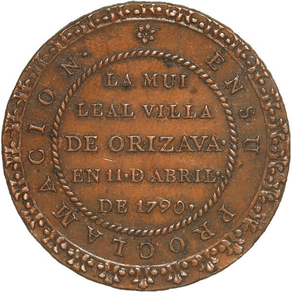 MEXICO, Orizava (Orizaba), 2 reales-sized bronze proclamation medal, Charles IV, 1790, ex-Medina.