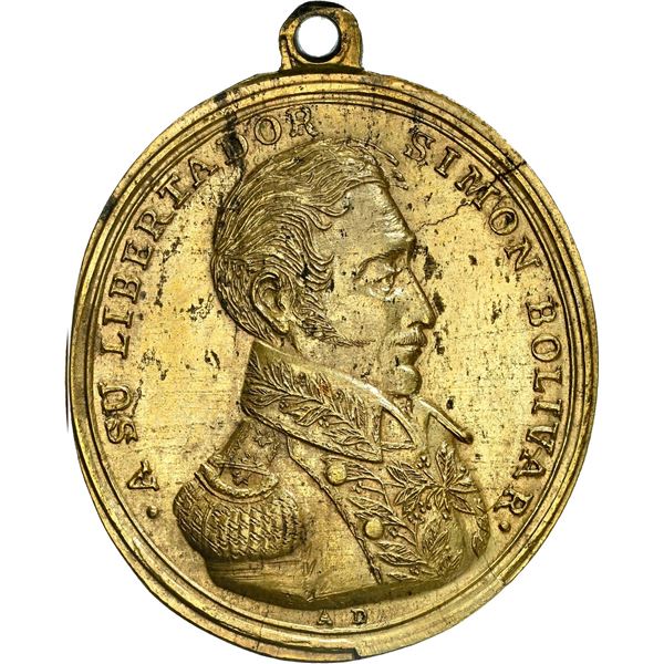 PERU, gilt bronze oval medal with loop, 1824-dated, Bolívar / Battle of Ayacucho, by Atanasio Dávalo