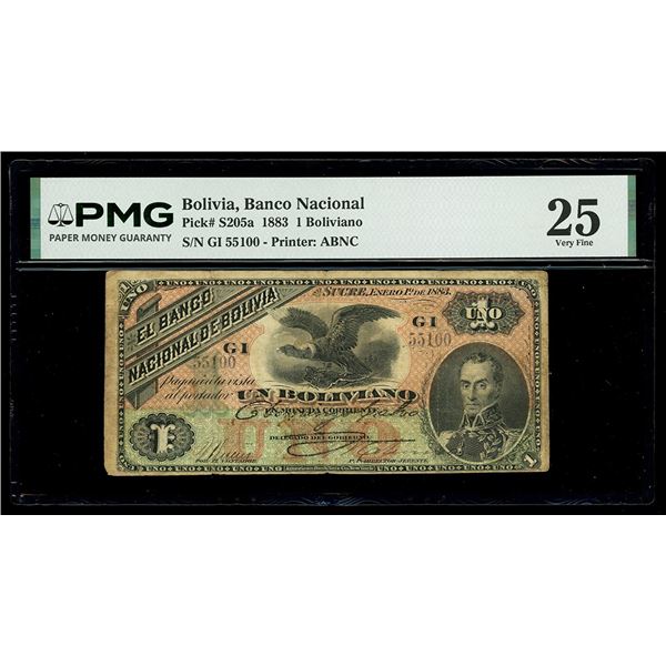 BOLIVIA, Sucre, Banco Nacional, 1 boliviano, 1-1-1883, series GI, serial 55100, PMG VF 25, "top pop.