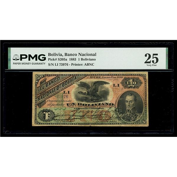 BOLIVIA, Sucre, Banco Nacional, 1 boliviano, 1-1-1883, series LI, serial 73976, PMG VF 25, "top pop.