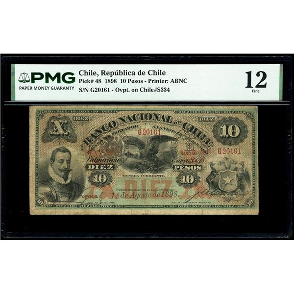 CHILE, Santiago, República de Chile, 10 pesos, serial G20161, 1-8-1898 black/red EMISION FISCAL over
