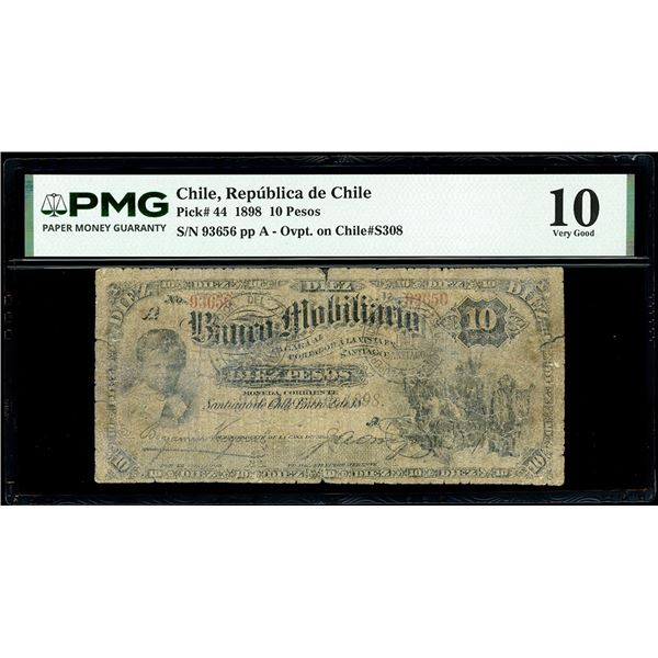 CHILE, Santiago, República de Chile, 10 pesos, serial 93656, 9-8-1898 black EMISION FISCAL overprint