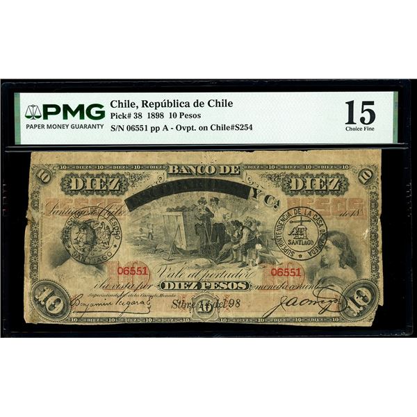 CHILE, Santiago, República de Chile, 10 pesos, 14-9-1898 black EMISION FISCAL overprint on Banco de 