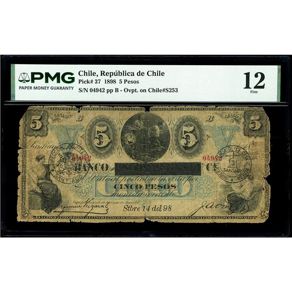 CHILE, Santiago, República de Chile, 5 pesos, 14-9-1898 black EMISION FISCAL overprint on Banco de E