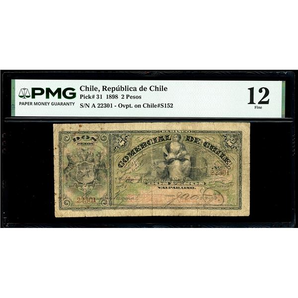 CHILE, Santiago, República de Chile, 2 pesos, serial 22301, 17-8-1898 black EMISION FISCAL overprint