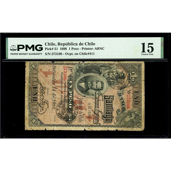 CHILE, Santiago, República de Chile, 1 peso, serial 273108, 14-9-1898 black EMISION FISCAL overprint