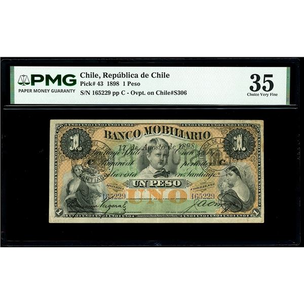 CHILE, Santiago, República de Chile, 1 peso, serial 165229, 17-8-1898 black EMISION FISCAL overprint