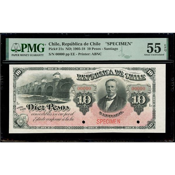 CHILE, Santiago, República de Chile, 10 pesos specimen, 1905-18, PMG AU 55 EPQ.