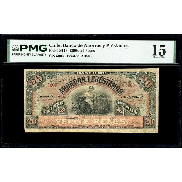 CHILE, Santiago, Banco de Ahorros y Prestamos, 20 pesos remainder, 16-2-1891, serial 5003, PMG Choic
